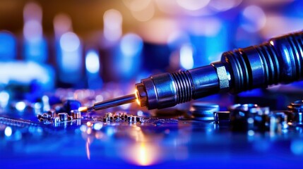 Close-up of professional soldering iron and electronic components on workbench, glowing ready for use, circuit boards in background, technical repair and electronics assembly concept.