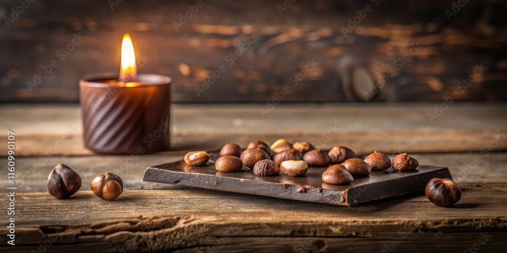 Poster A rustic wooden table with a candle casting a warm glow on a collection of hazelnuts scattered on a dark wooden tray.
