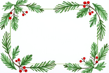 watercolor greenery pine white backdrop red berries festive holiday design invitations rectangle border