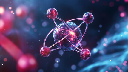 Barwna wizualizacja struktury atomowej, przedstawiająca skomplikowane wzory orbit elektronów w połączeniu z elementami kosmicznymi, tworząca futurystyczną i naukową kompozycję.