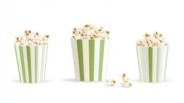 Delicious popcorn, classic box, classic paper cup with Green stripe, isolated on white background close-up