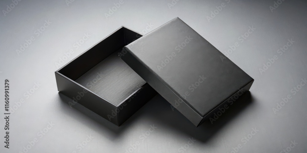 Poster a black box with its lid slightly ajar, revealing the empty interior, sits on a textured gray surfac