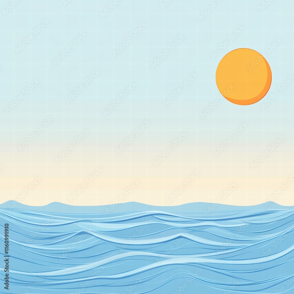 Poster Serene ocean view featuring stylized sun and soft waves with open space for text and messages. Generative AI