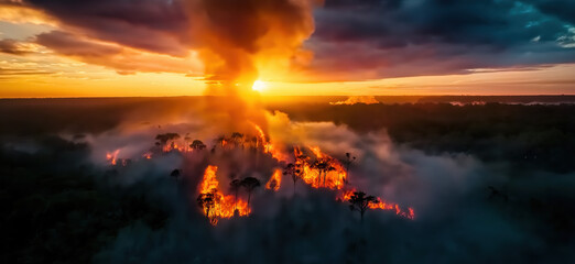 Fototapeta premium A dramatic sunset illuminates a raging fire engulfing trees, creating a striking contrast between nature's beauty and destructive flames.