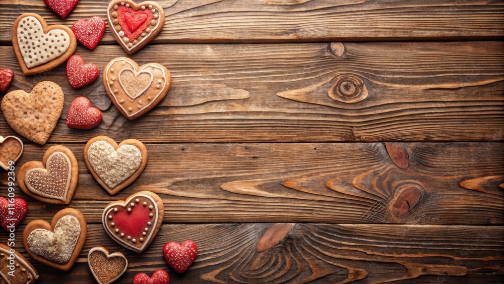 Poster Heart-shaped gingerbread cookies arranged on a rustic wooden surface, creating a charming festive background.
