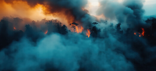 Aerial view of a forest fire, with thick smoke and flames engulfing trees, illustrating the devastating impact of wildfires on nature.