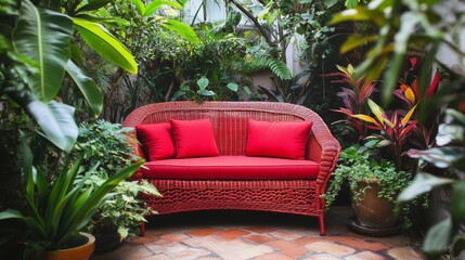 Fototapeta premium Backyard outdoor patio with modern red wicker sofa and pillow surround with lush green tree.