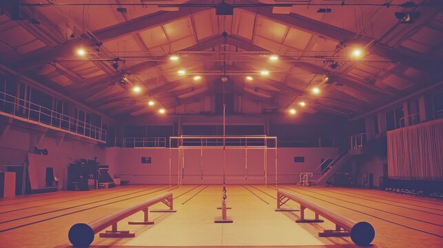 Empty indoor gymnasium with parallel bars, high ceiling, and warm lighting.