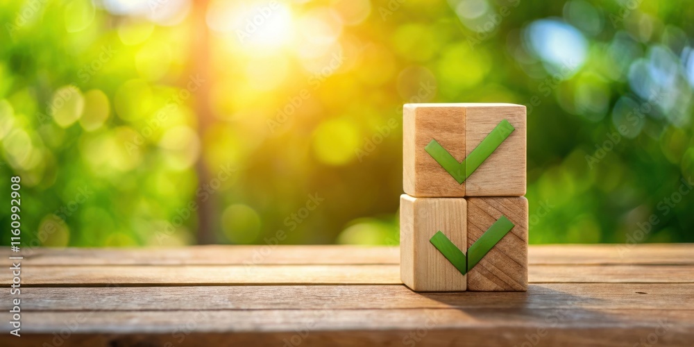 Aufkleber wooden cubes with green checkmarks on a wooden table with a blurred background of green trees and su