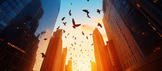 A breathtaking sunset illuminates a city skyline, casting silhouettes of soaring birds amidst towering buildings and vibrant colors.