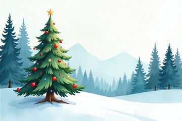 Fototapeta premium watercolor painting features christmas tree serene forest landscape plenty negative space around