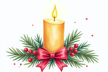watercolor painting burning christmas candle surrounded pine red berries red