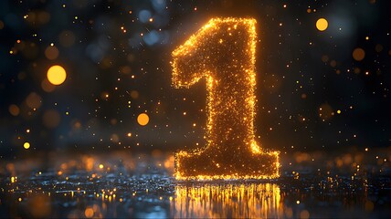 Glowing number one made of sparkling particles on dark background.
