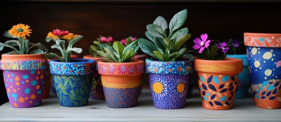 A set of clay pots painted with bold nature patterns, displayed in a playful setting.