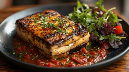 A picture of a mouthwatering grilled eggplant moussaka served with a fresh arugula salad and a rich tomato sauce. Delicious Grilled Eggplant Moussaka with Tomato Sauce and Arugula Salad