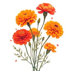 Flowers with leaves Calendula (Calendula officinalis, pot marigold, garden marigold, English marigold) on a white background with space for text. Medicinal herb. Selective focus