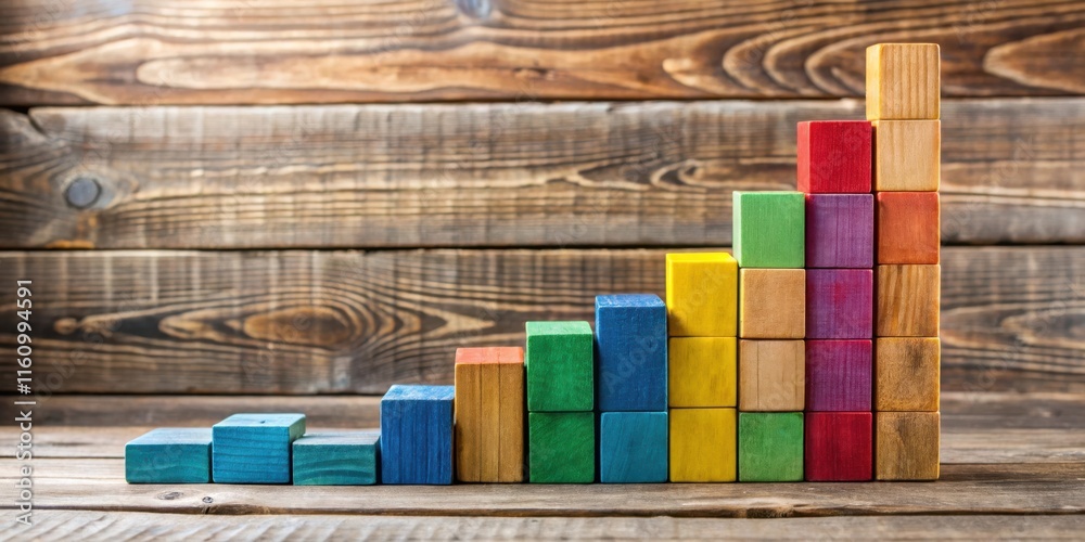 Fototapete a staircase of colored wooden blocks arranged in an ascending pattern on a rustic wood background