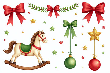 watercolor set includes rocking horse bows garland stars flags balls red green gold decoration purposes