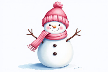 watercolor snowman pink hat scarf christmas decor clipart white
