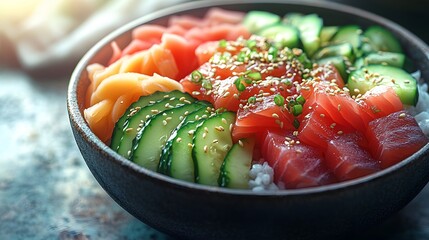 A vibrant poke bowl filled with fresh salmon, cucumber, sesame seeds, and rice. A healthy and delicious meal. Delicious Salmon Poke Bowl with Cucumber and Sesame Seeds