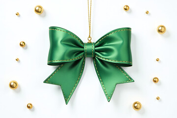 watercolor velvet green bow ornament adds festive touch white background gold beads perfect christmas decorations