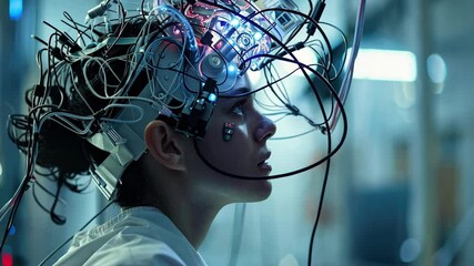 Futuristic neuroscientific research concept with a female scientist connected to a brainwave scanning device in a clinical setting.