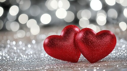 Obraz premium Two vibrant red paper hearts rest on a wooden table, set against a sparkling silver bokeh background, creating a romantic atmosphere.