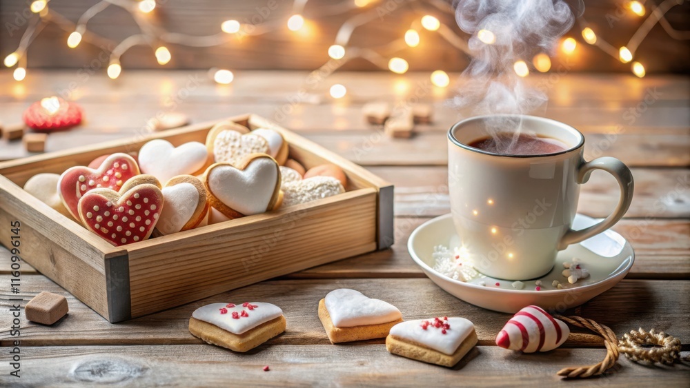 Poster Aromatic Tea and Heart-Shaped Cookies on a Rustic Wooden Table with Warm Glow from String Lights