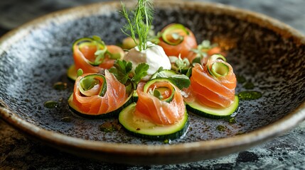 Courgette ribbons rolled with smoked salmon, served on a rustic ceramic platter with a dollop of cream cheese