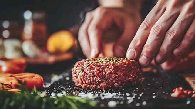 A close-up of a chef's hands and tools while he prepares freshly made ground beef patties at a takeout restaurant using a burger press