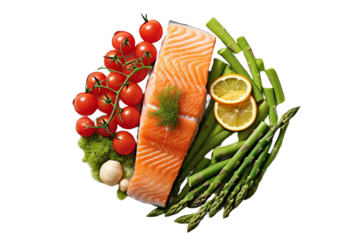 Roasted salmon steak with asparagos broccoli carrot tomatoes radish green beans and peas on transparent background. 