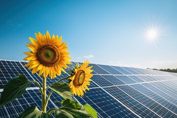 Sunflowers Blooming in Front of Solar Panels Under Bright Sky