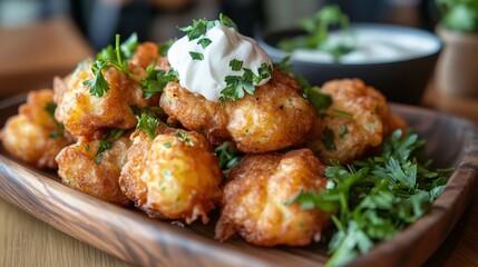 Golden-fried courgette fritters with a dollop of sour cream, served on a wooden platter, surrounded by fresh parsley