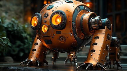 Orange steampunk robot, spherical body, mechanical legs, glowing eyes, dark background.