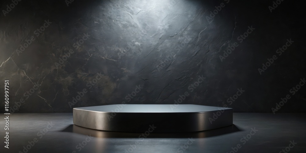 Aufkleber a minimalist black and gray studio scene with a hexagonal metal platform in the foreground and a rou