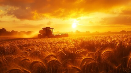 Combine Harvester in Sunset Field During Autumn Harvesting Season