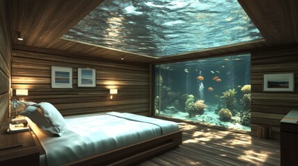 A floating eco-hotel with underwater rooms and marine conservation features