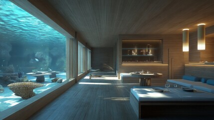 A floating eco-hotel with underwater rooms and marine conservation features