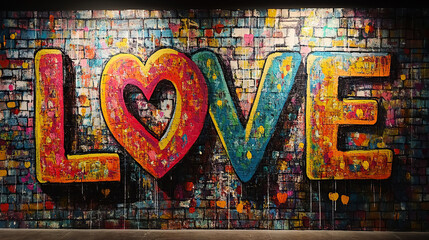 Fototapeta premium Colorful Love Graffiti on Brick Wall - Vibrant Street Art