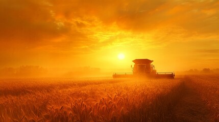 Obraz premium Combine Harvester in Sunset Field During Autumn Harvesting Season