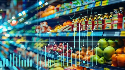 Supermarket aisle with overlaid financial graphs depicting consumer behavior analysis - Powered by Adobe