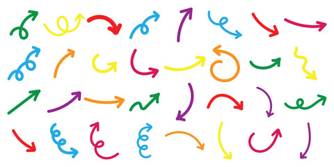 Set of Hand drawn vector arrows in doodle style isolated on white background. Vector illustration. EPS 10