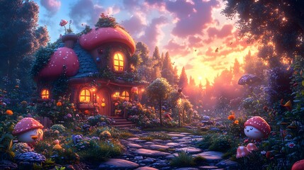 A charming mushroom house nestled in a whimsical forest at sunset.  Peaceful and magical scene.