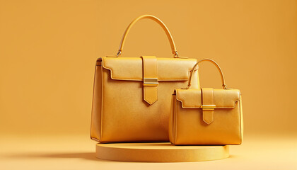 Elegant golden handbags displayed on a circular pedestal against a vibrant yellow background
