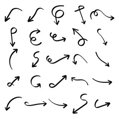 Set of black hand drawn arrow element vector. Collection of doodle arrows, lines, symbol, pointing mark, shapes on white background. Simple icon illustration for education, decoration, map. EPS 10