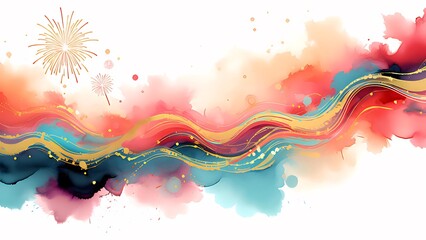 Abstract watercolor painting with gold lines and fireworks.