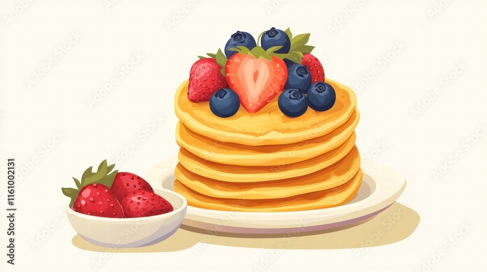 Poster delicious stack of golden pancakes topped with fresh strawberries and blueberries on a blank backgro