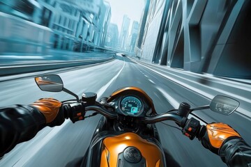 Naklejka premium Rider speeding through a futuristic cityscape on a powerful motorcycle
