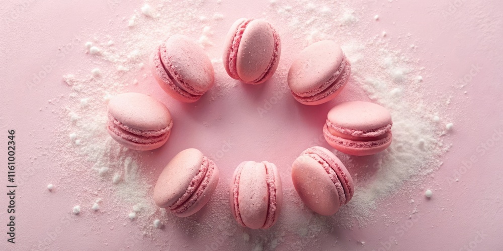 Poster pink macarons arranged in a circle on a pink surface with powdered sugar sprinkled around them