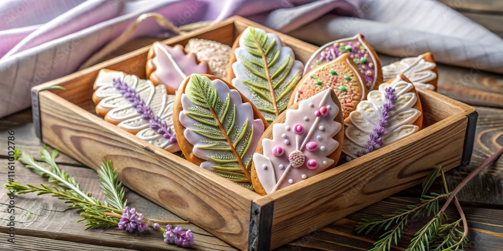 Wall mural A rustic wooden box filled with intricately decorated leaf-shaped gingerbread cookies, showcasing delicate floral designs and vibrant colors, a delightful treat for the senses.